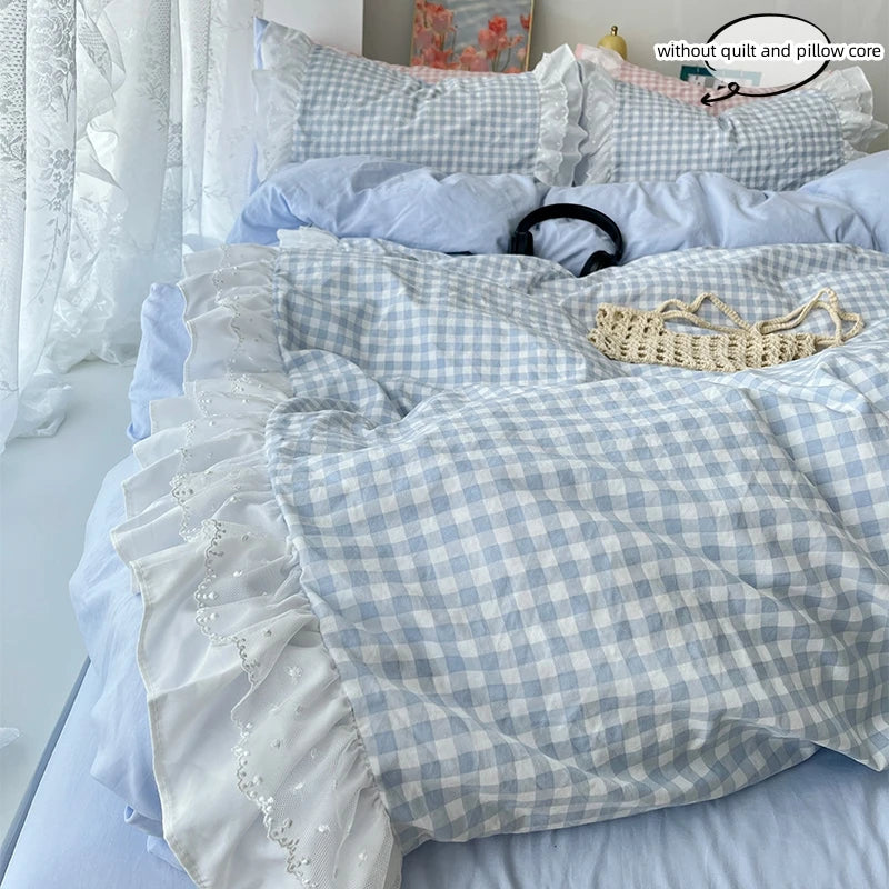 Pink Plaid Ruffle Bedding Set - Comfortable All-Season Duvet Cover