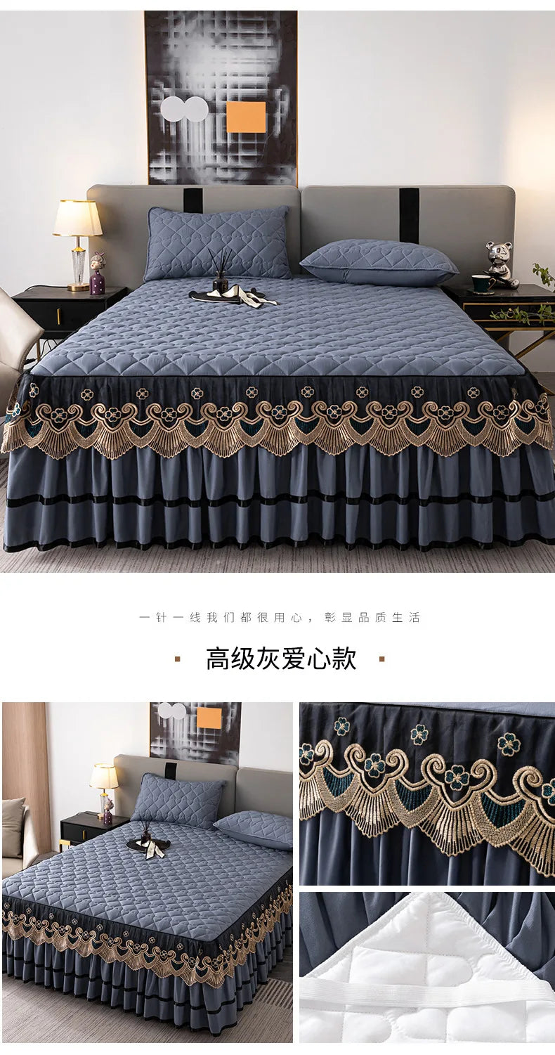 Gold Embroidered Lace Bed Skirt - Quilted Thick Anti-Slip Bedspread