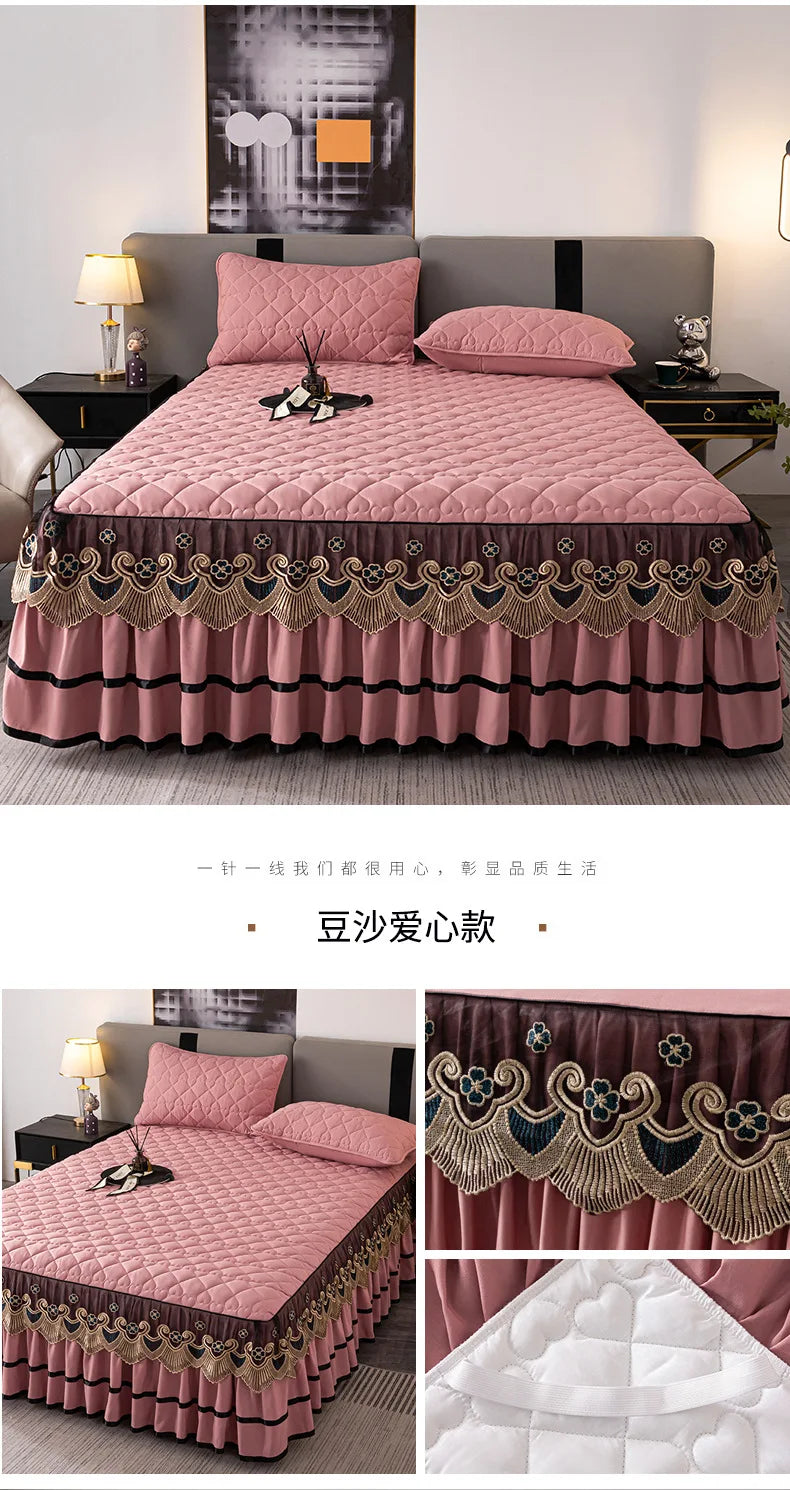 Gold Embroidered Lace Bed Skirt - Quilted Thick Anti-Slip Bedspread