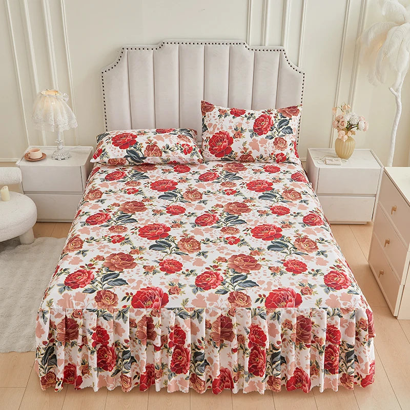 Floral Ruffle Bed Skirt Set - Soft Bedspread with Matching Pillowcases