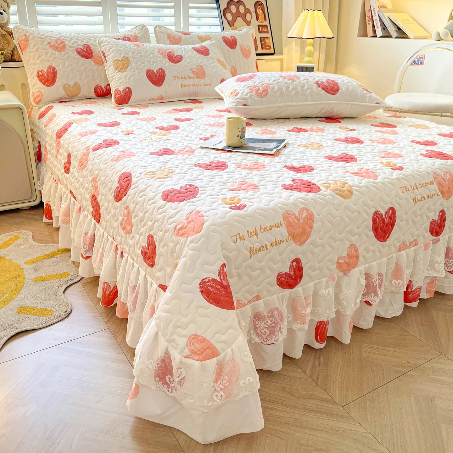 1pc Quilted Bedspread with Lace Ruffles Flower Printed Thickened Blanket Single/Queen/King Quilted Bed Cover Soft Bedspreads Bed