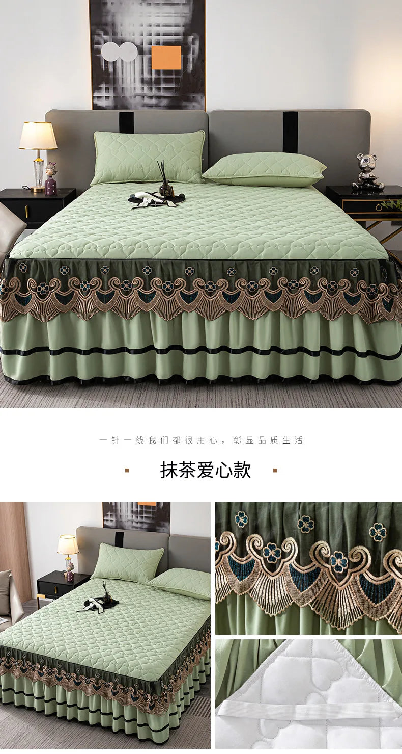 Gold Embroidered Lace Bed Skirt - Quilted Thick Anti-Slip Bedspread