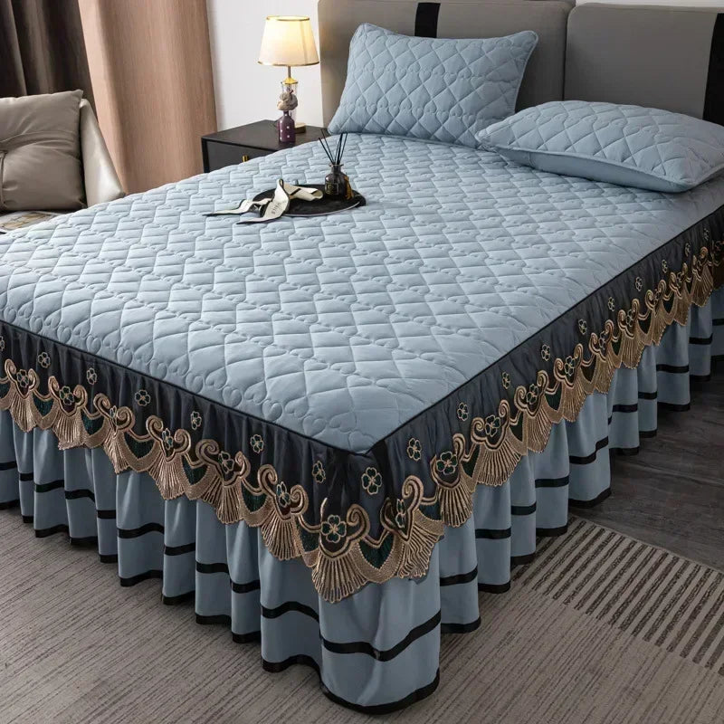 Gold Embroidered Lace Bed Skirt - Quilted Thick Anti-Slip Bedspread
