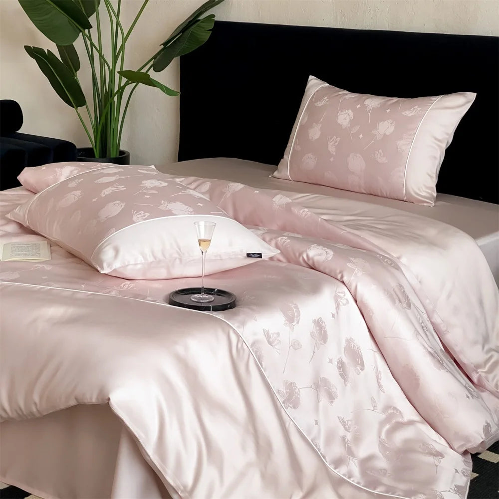 Sondeson Luxury 100% Mulberry Silk Jacquard Bedding Set - Ultra-Soft & Breathable 4-Piece Sheet & Duvet Cover Set