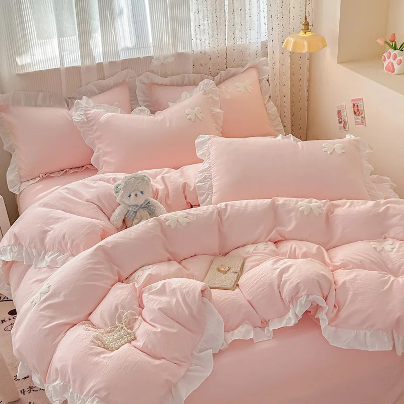 Pink Bowknot Embroidery Bedding Set - Premium Soft Twill Quilt Set