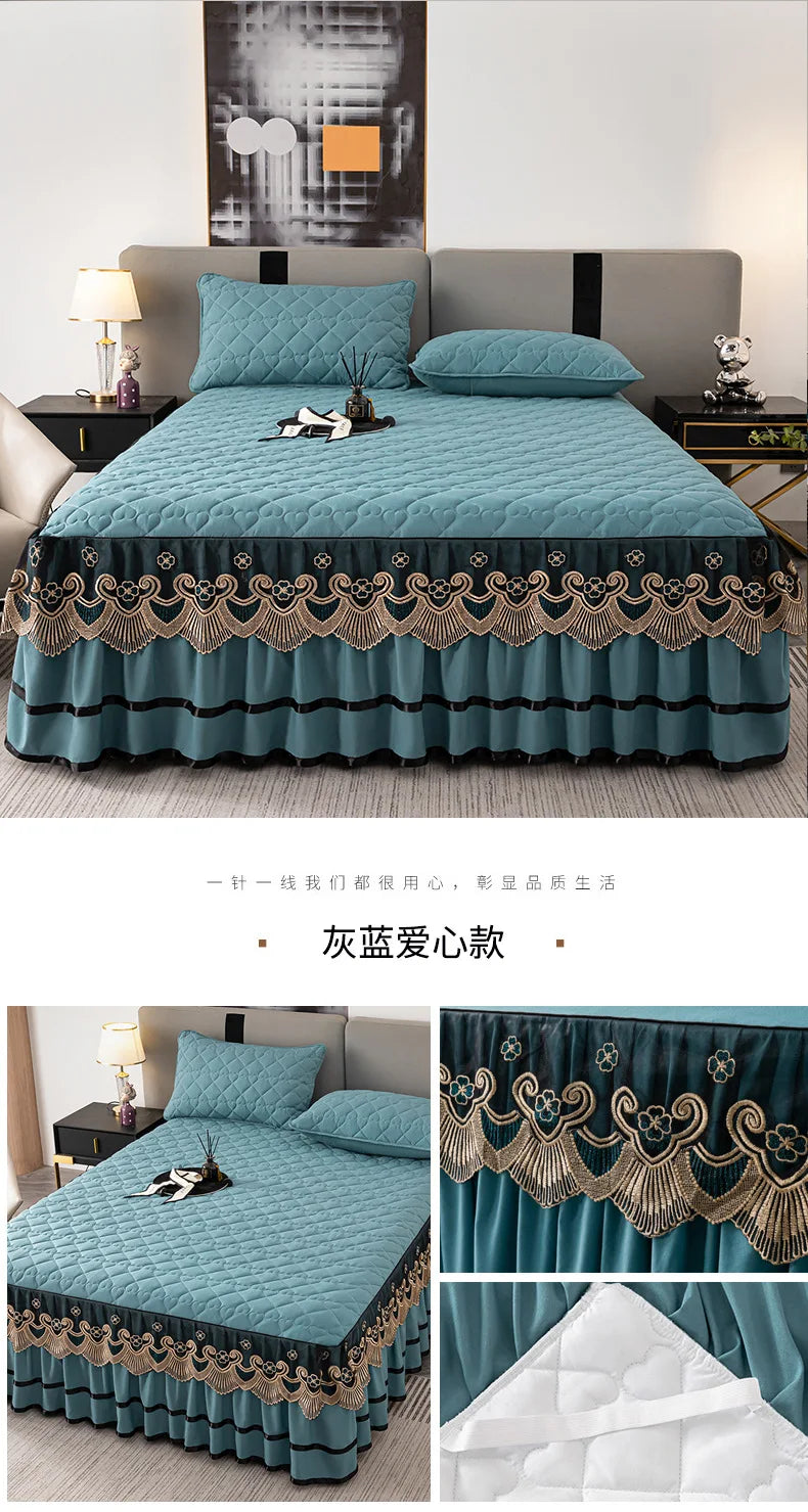 Gold Embroidered Lace Bed Skirt - Quilted Thick Anti-Slip Bedspread