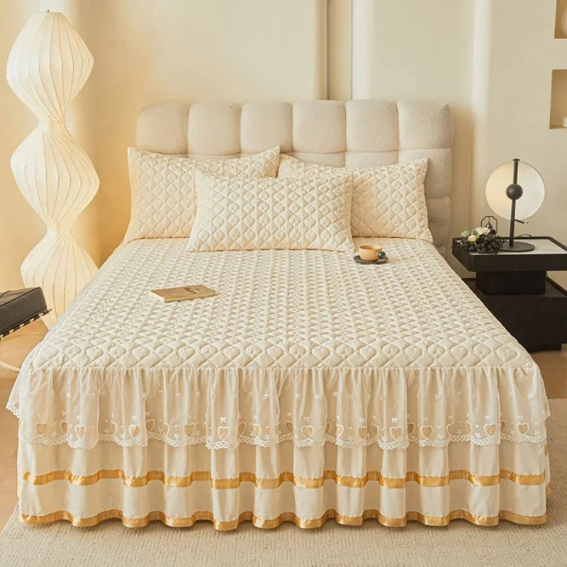 Cloud Cotton Embroidered Lace Bed Skirt - Quilted Padded Princess Bedspread