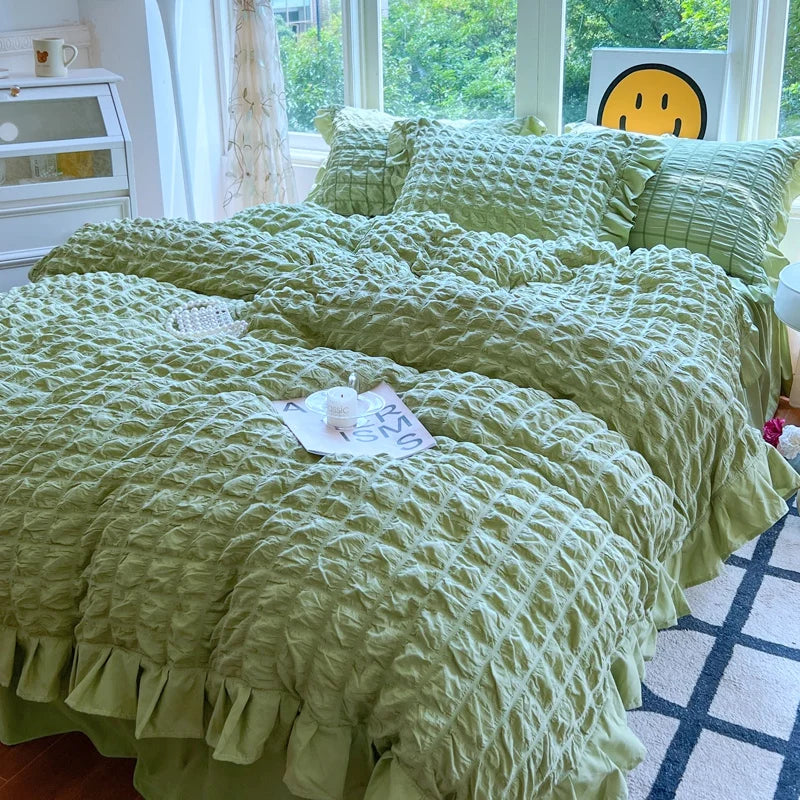 Elegant Lace Ruffle Seersucker Bedding Set - Soft Princess Style Duvet Cover