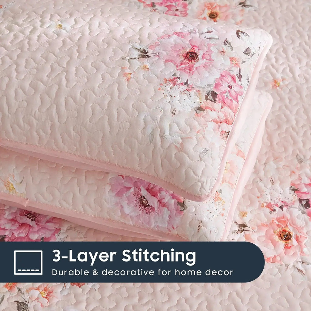 Floral Shabby Chic Quilt Set - Light Pink Reversible Bedspread Coverlet