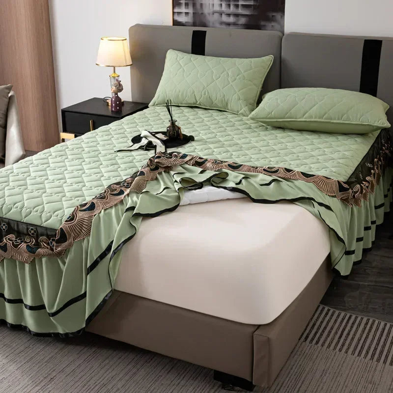 Gold Embroidered Lace Bed Skirt - Quilted Thick Anti-Slip Bedspread