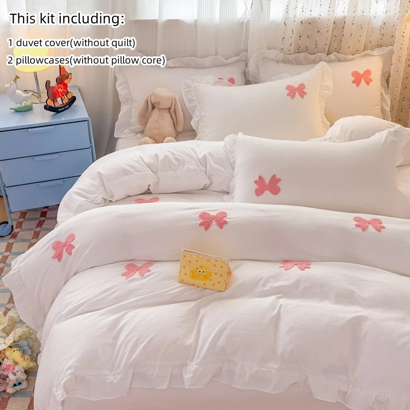 Pink Bowknot Embroidery Bedding Set - Premium Soft Twill Quilt Set