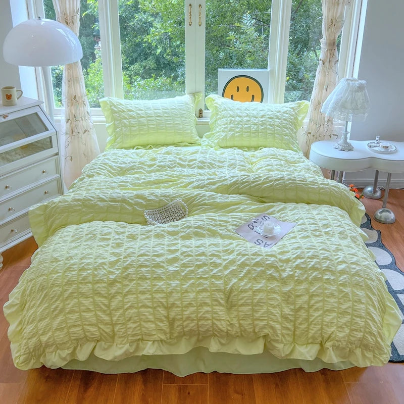 Elegant Lace Ruffle Seersucker Bedding Set - Soft Princess Style Duvet Cover