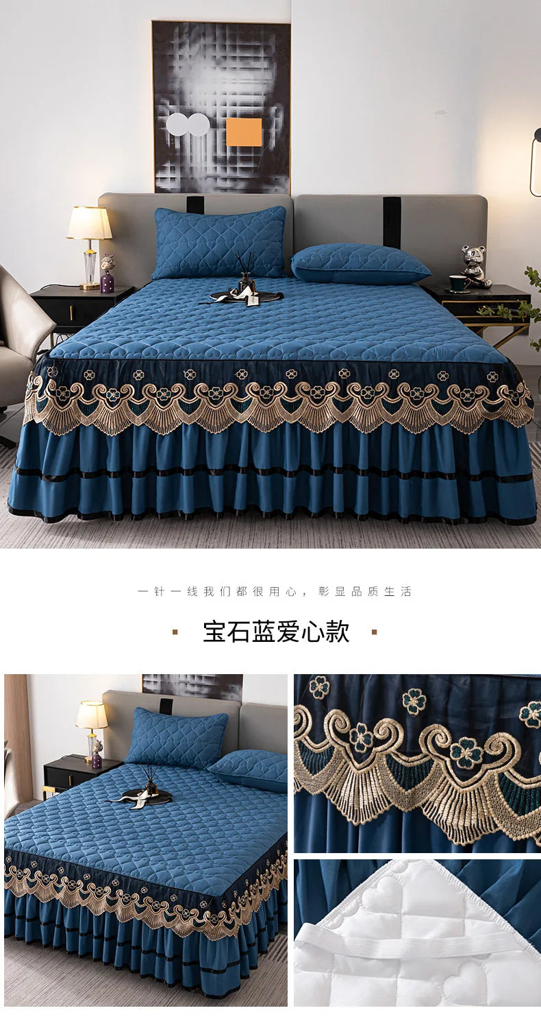Gold Embroidered Lace Bed Skirt - Quilted Thick Anti-Slip Bedspread
