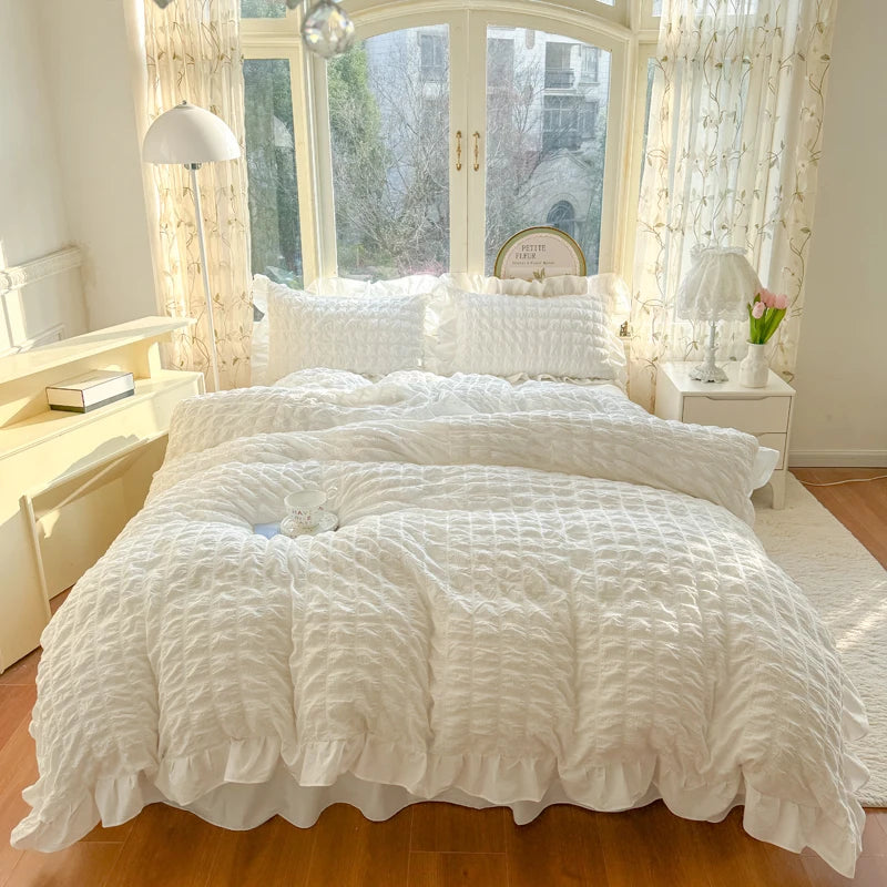 Elegant Lace Ruffle Seersucker Bedding Set - Soft Princess Style Duvet Cover