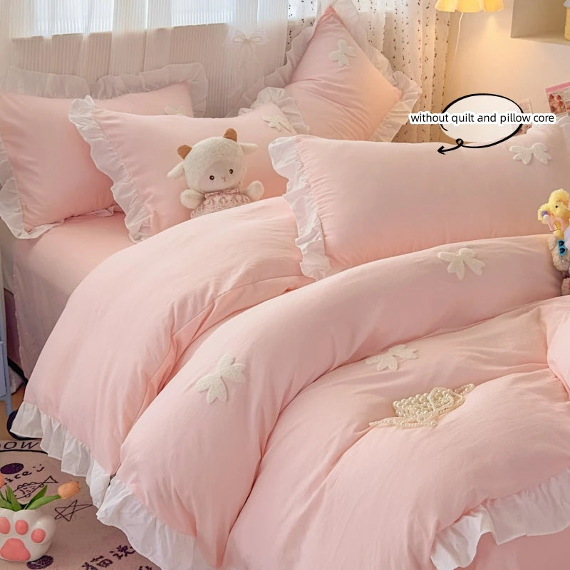 Pink Bowknot Embroidery Bedding Set - Premium Soft Twill Quilt Set