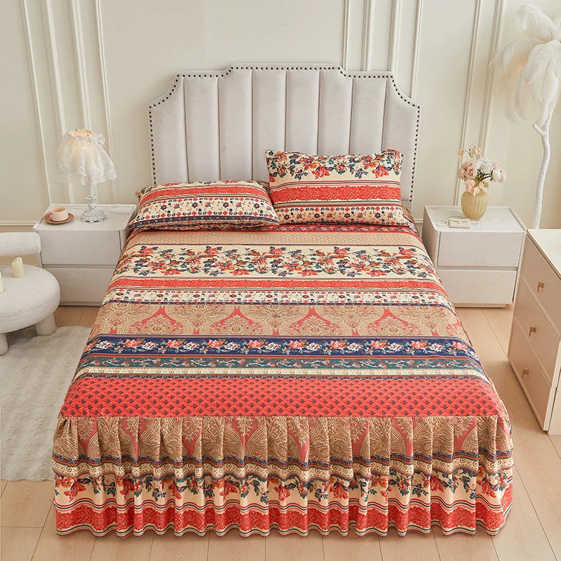 Floral Ruffle Bed Skirt Set - Soft Bedspread with Matching Pillowcases