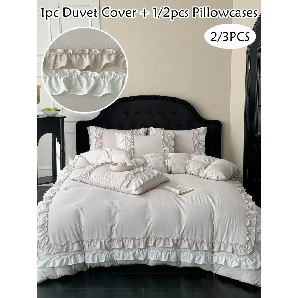 3Pcs Beige Washed Polyester Bedding Set with Ruffled Lace, Queen Size Soft Breathable All Seasons Duvet Cover Set