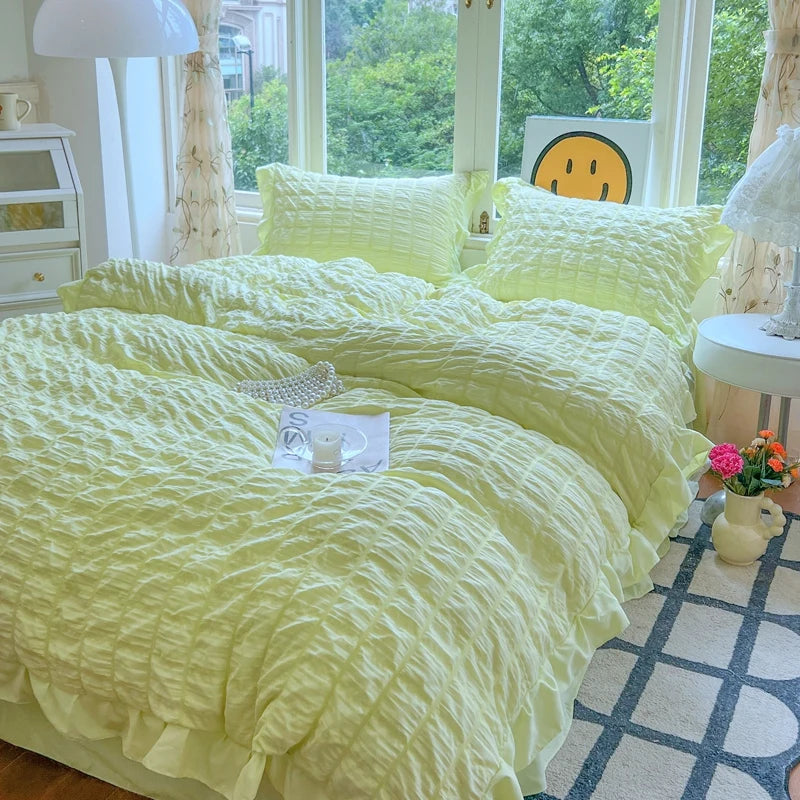 Elegant Lace Ruffle Seersucker Bedding Set - Soft Princess Style Duvet Cover