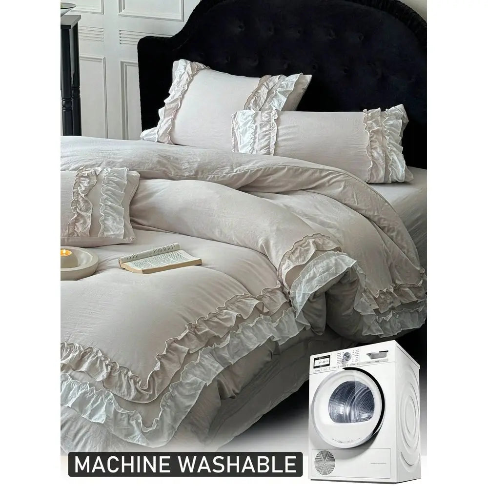 3Pcs Beige Washed Polyester Bedding Set with Ruffled Lace, Queen Size Soft Breathable All Seasons Duvet Cover Set