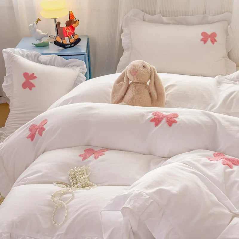 Pink Bowknot Embroidery Bedding Set - Premium Soft Twill Quilt Set