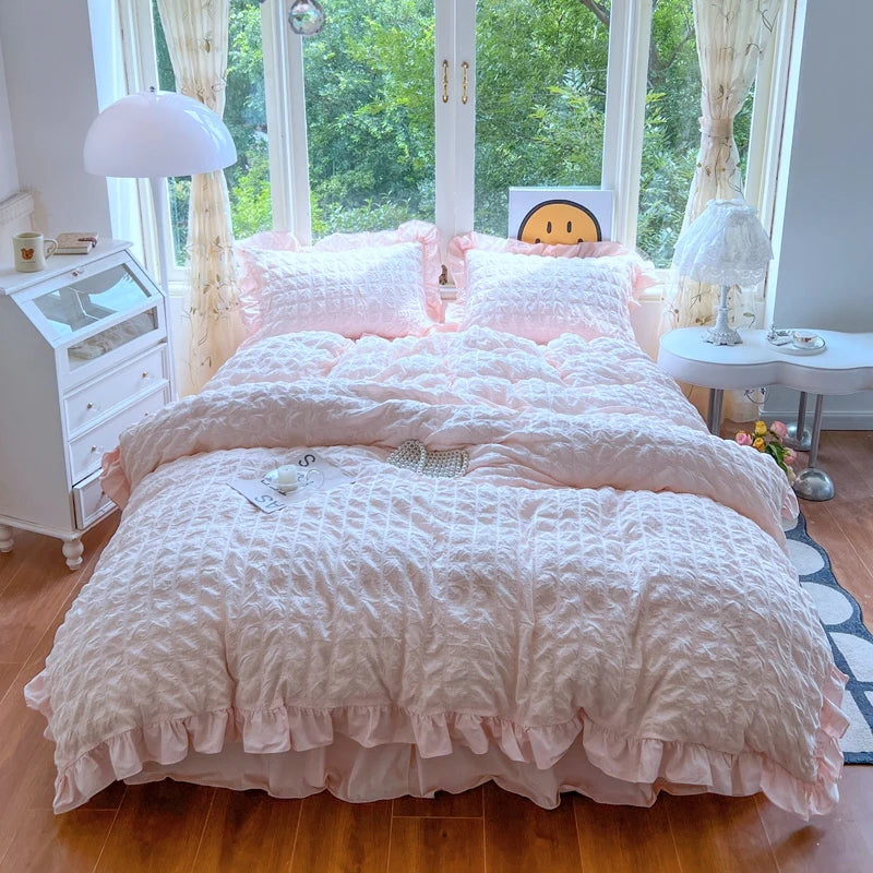Elegant Lace Ruffle Seersucker Bedding Set - Soft Princess Style Duvet Cover