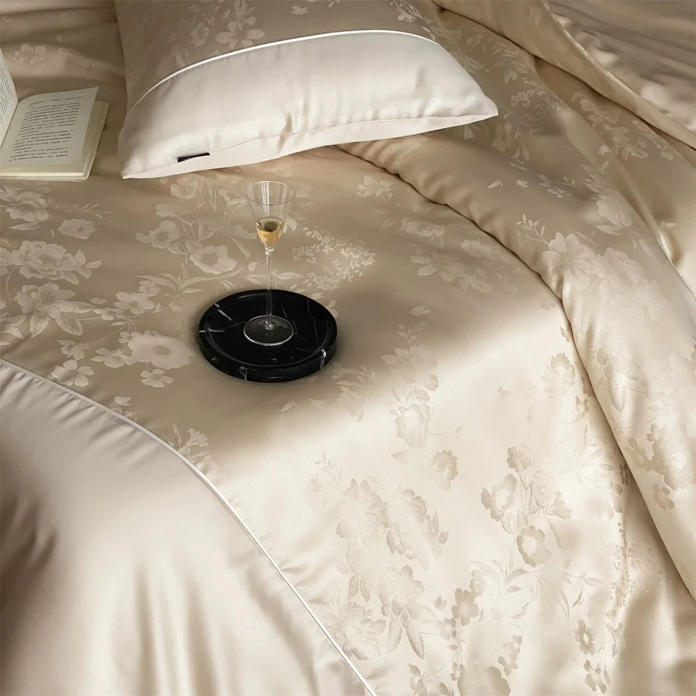 Sondeson Luxury 100% Mulberry Silk Jacquard Bedding Set - Ultra-Soft & Breathable 4-Piece Sheet & Duvet Cover Set