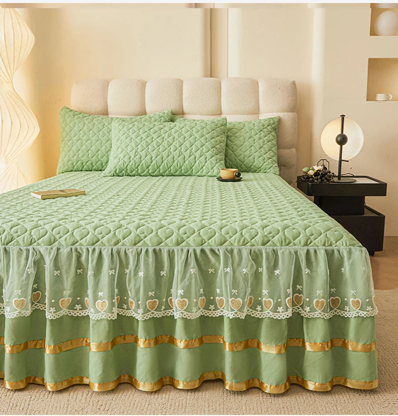 Cloud Cotton Embroidered Lace Bed Skirt - Quilted Padded Princess Bedspread