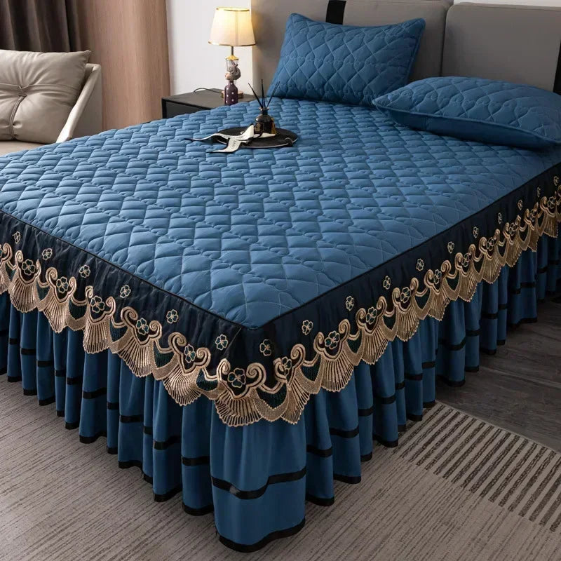 Gold Embroidered Lace Bed Skirt - Quilted Thick Anti-Slip Bedspread