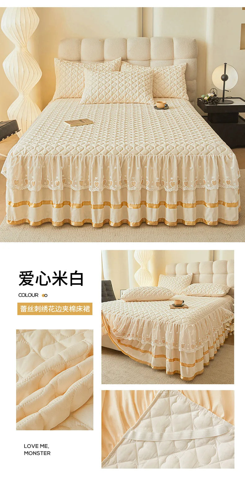 Cloud Cotton Embroidered Lace Bed Skirt - Quilted Padded Princess Bedspread