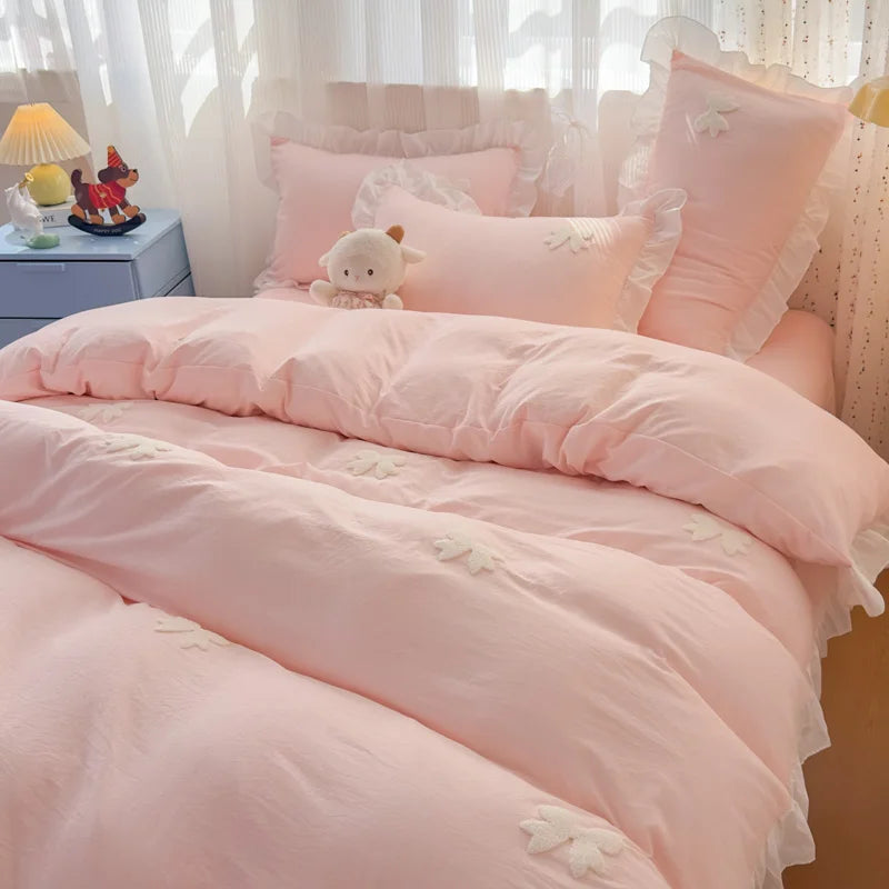 Pink Bowknot Embroidery Bedding Set - Premium Soft Twill Quilt Set