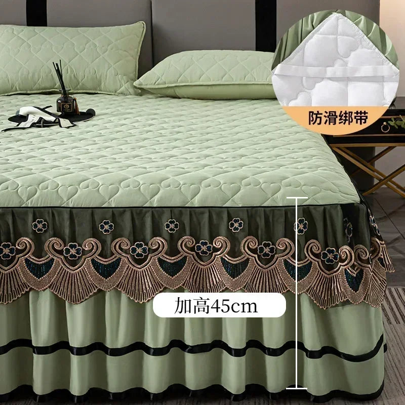 Gold Embroidered Lace Bed Skirt - Quilted Thick Anti-Slip Bedspread
