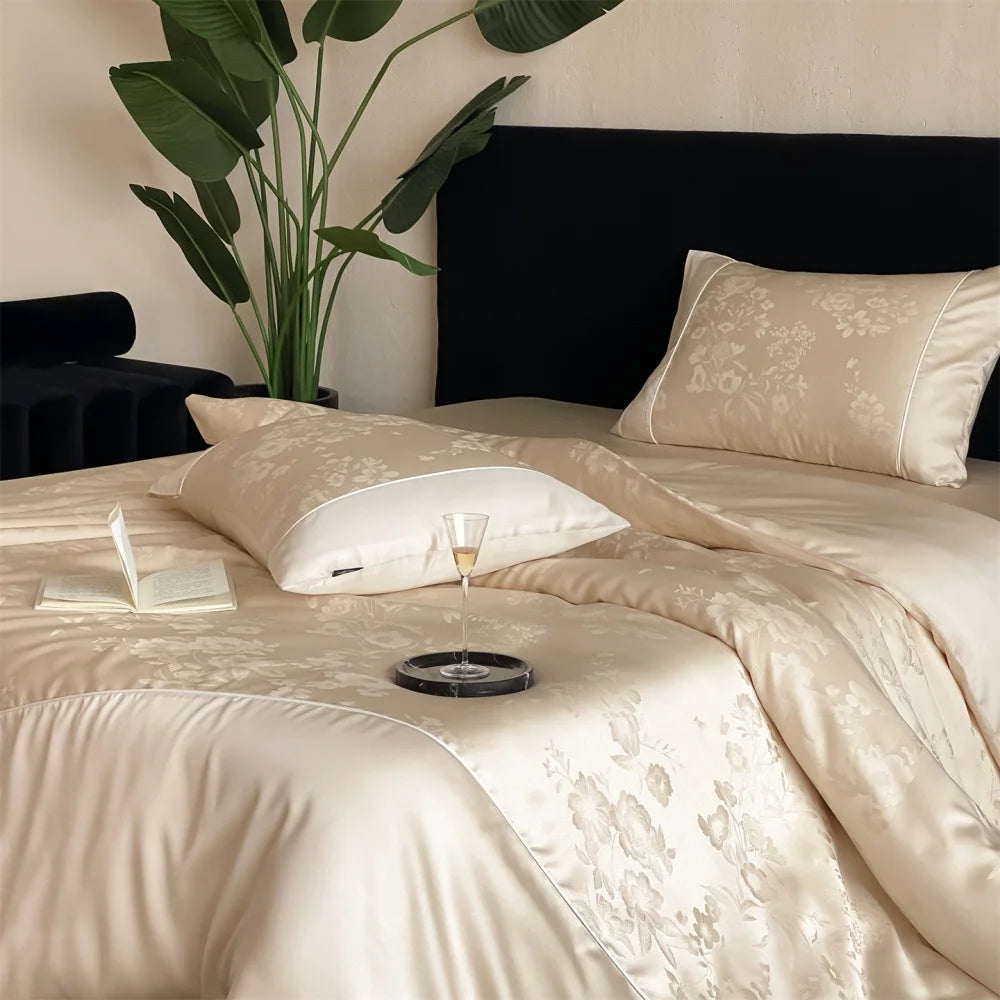 Sondeson Luxury 100% Mulberry Silk Jacquard Bedding Set - Ultra-Soft & Breathable 4-Piece Sheet & Duvet Cover Set