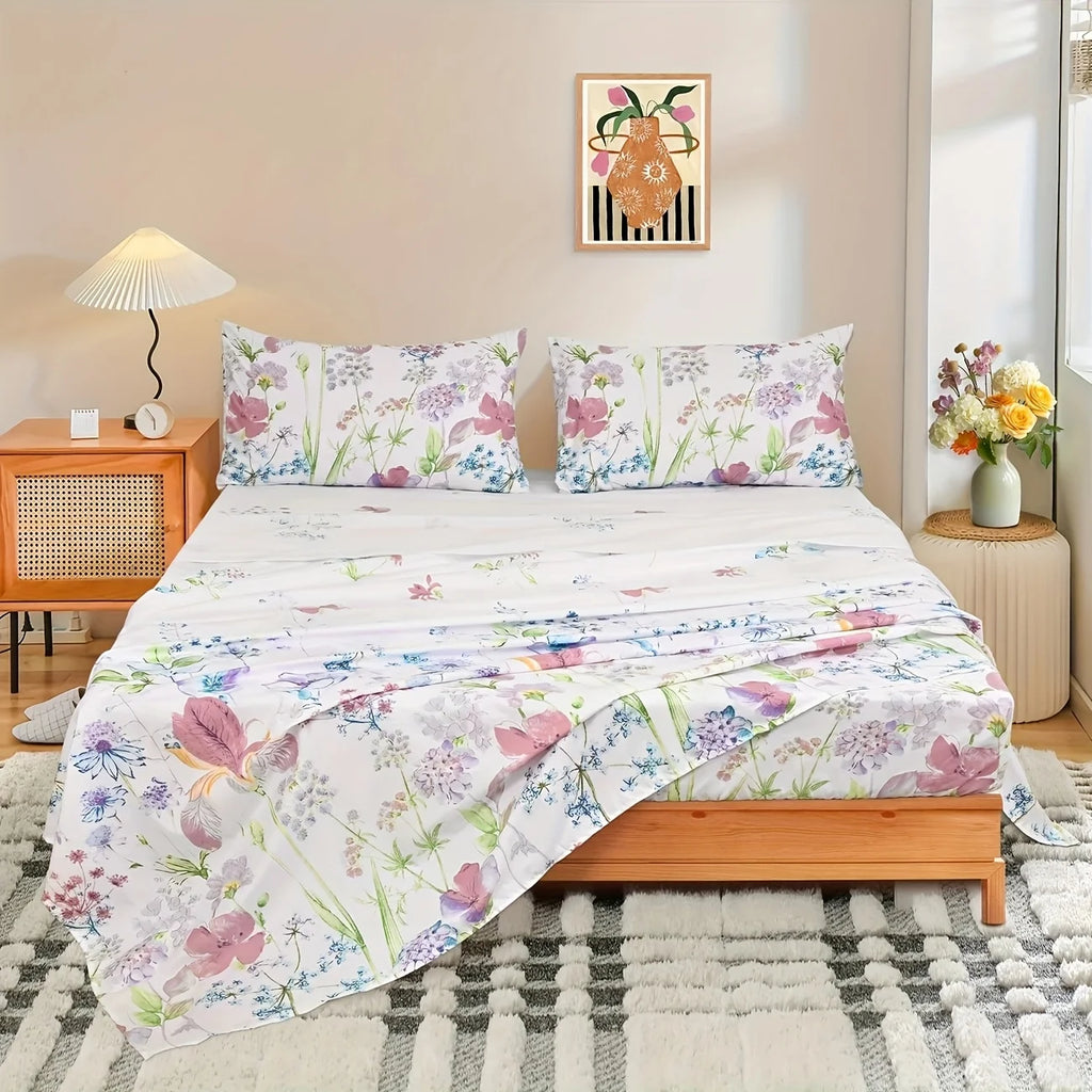 4-Piece Floral Print Bedding Set - Soft Microfiber Duvet Cover, Sheet & Pillowcases