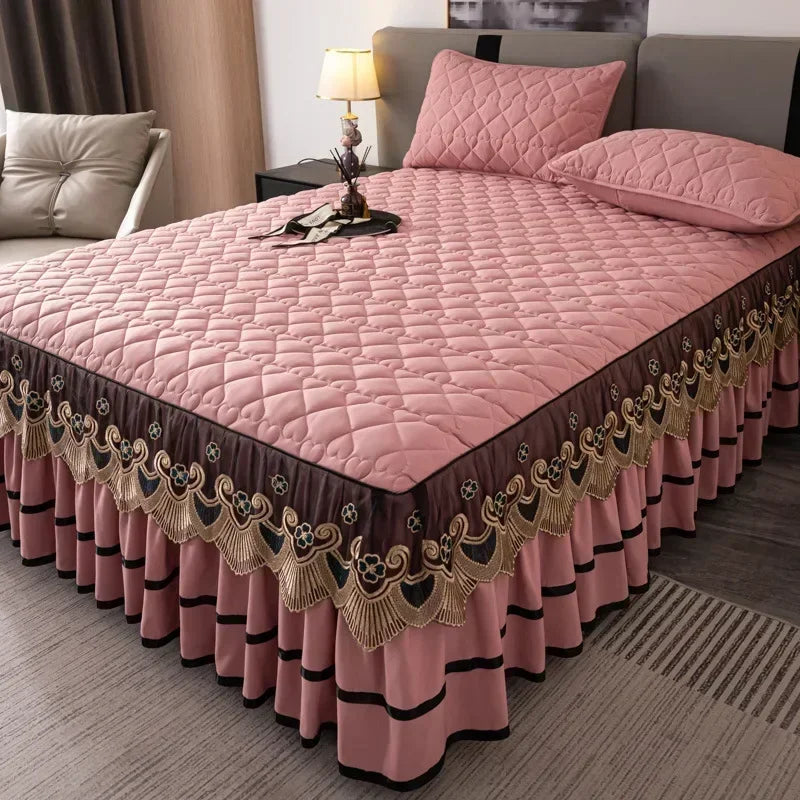 Gold Embroidered Lace Bed Skirt - Quilted Thick Anti-Slip Bedspread