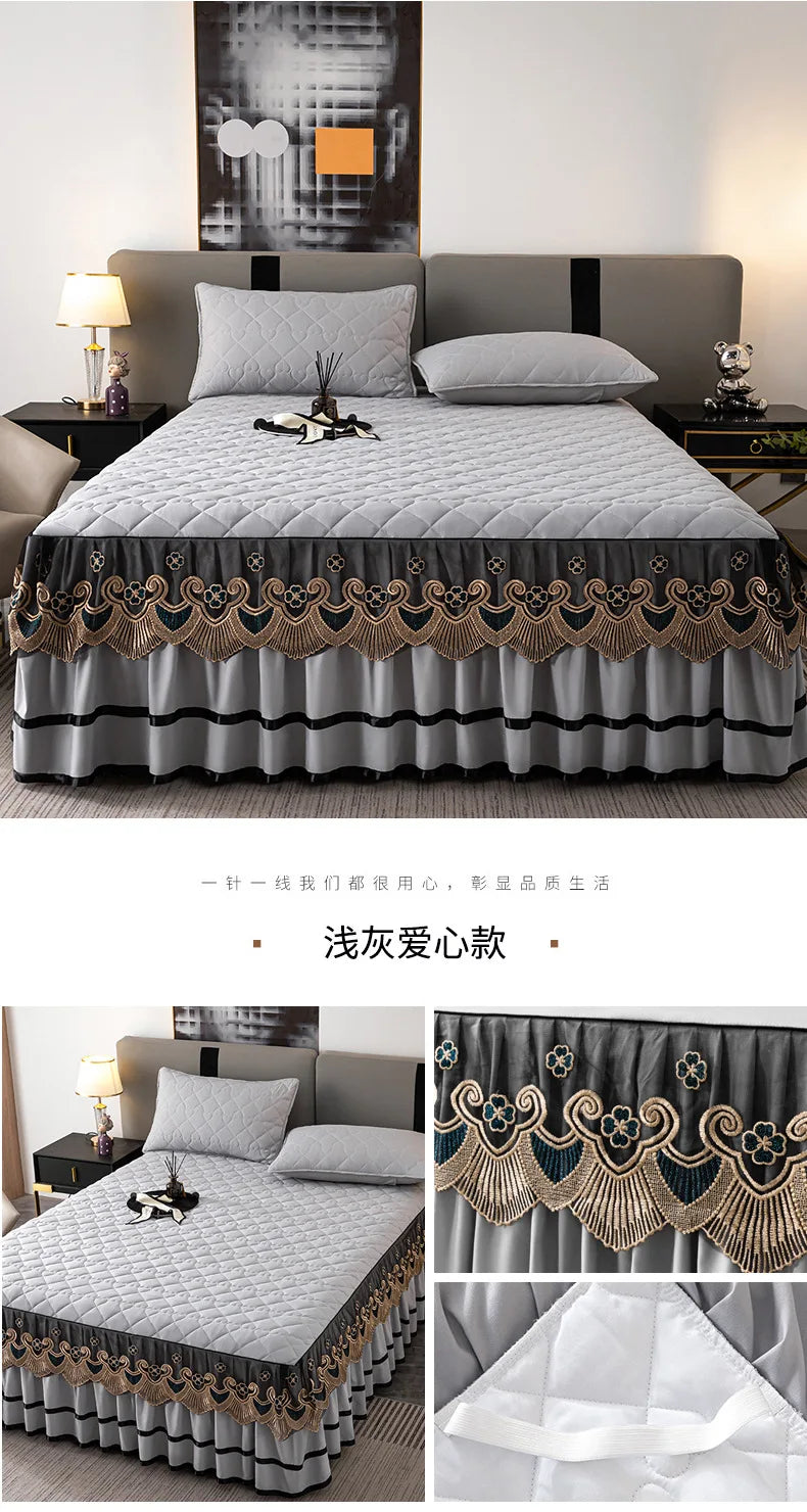 Gold Embroidered Lace Bed Skirt - Quilted Thick Anti-Slip Bedspread