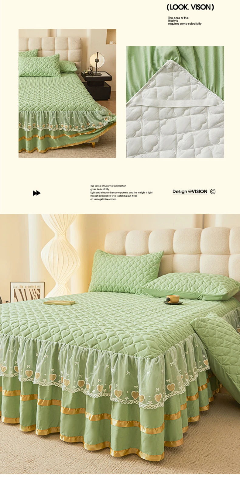 Cloud Cotton Embroidered Lace Bed Skirt - Quilted Padded Princess Bedspread