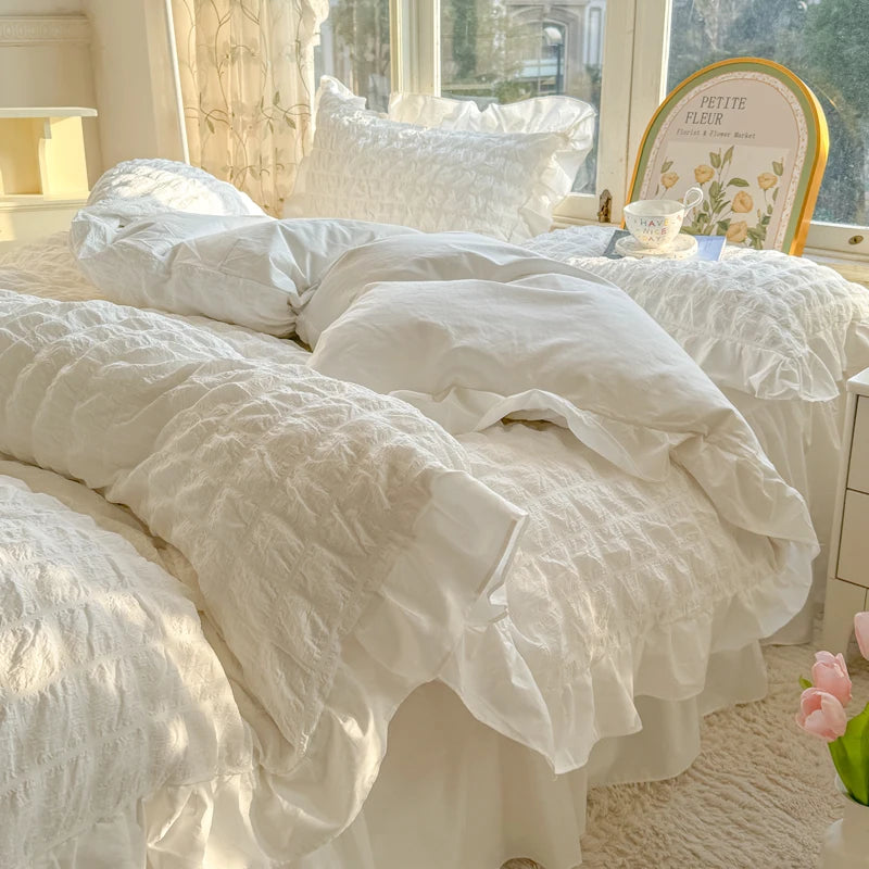 Elegant Lace Ruffle Seersucker Bedding Set - Soft Princess Style Duvet Cover