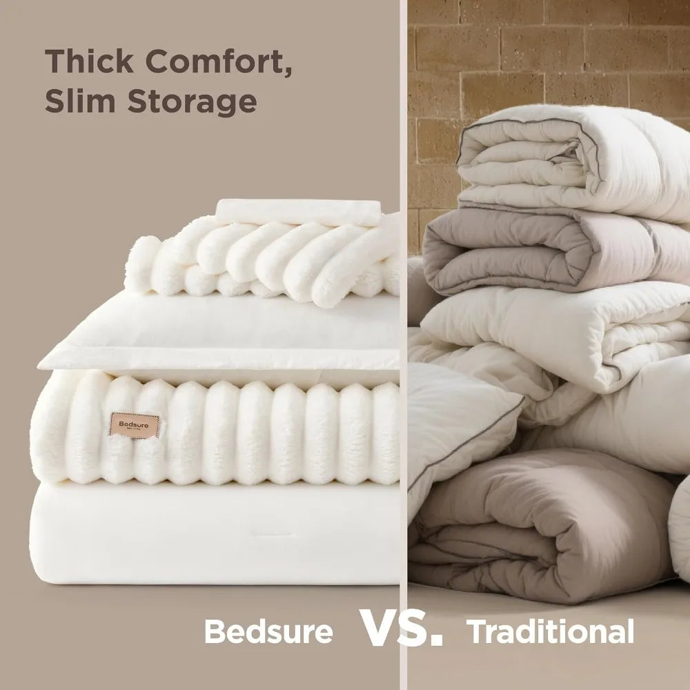 Gentlesoft 2-in-1 Queen Comforter Set and Detachable Fluffy Blanket, Cream White Bedding Set for All Season Use, SnapTec
