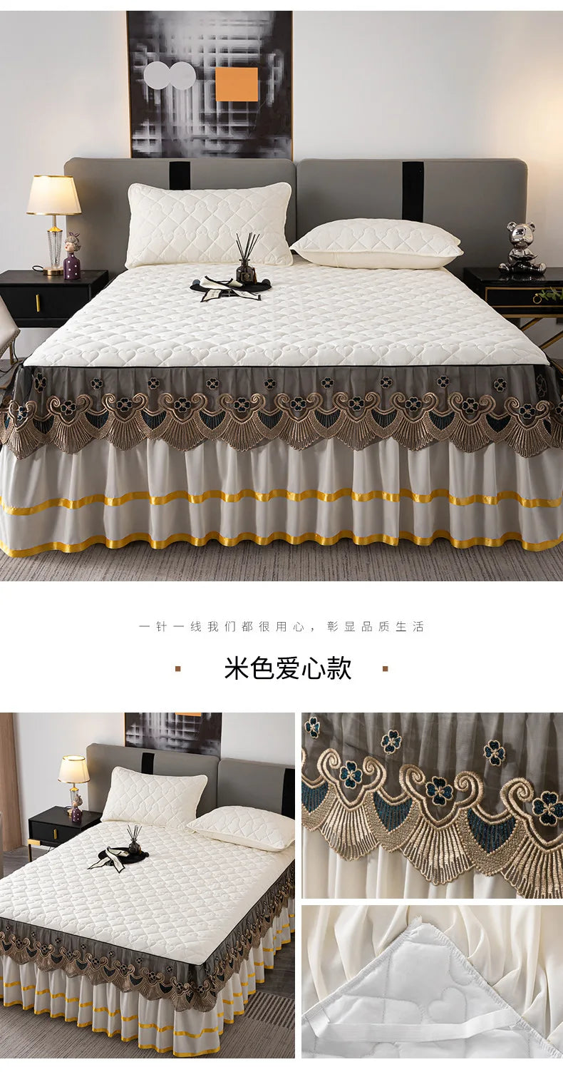 Gold Embroidered Lace Bed Skirt - Quilted Thick Anti-Slip Bedspread