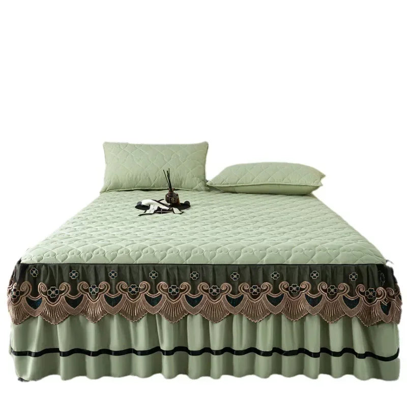 Gold Embroidered Lace Bed Skirt - Quilted Thick Anti-Slip Bedspread