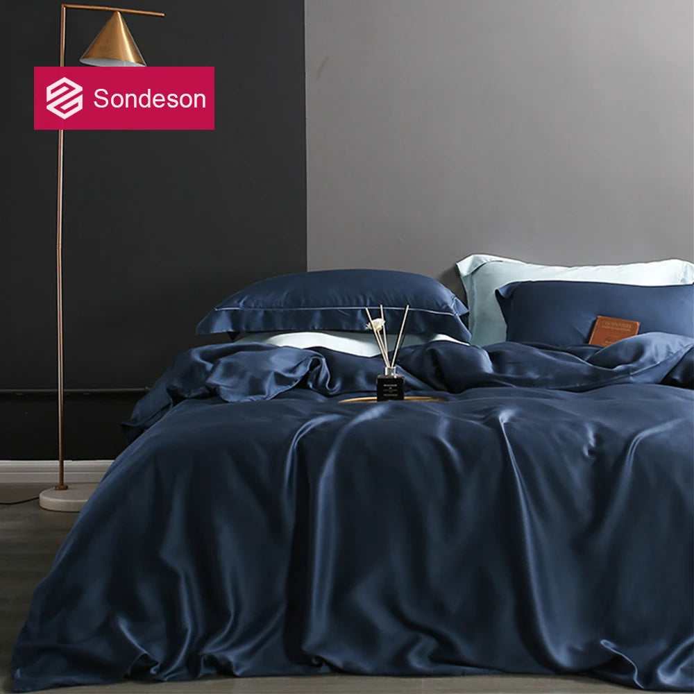 Premium Sondeson 100% Mulberry Silk Bedding Set - Ultra-Soft Breathable 4-Piece Luxury Duvet Cover, Flat Sheet & Pillowcase Set