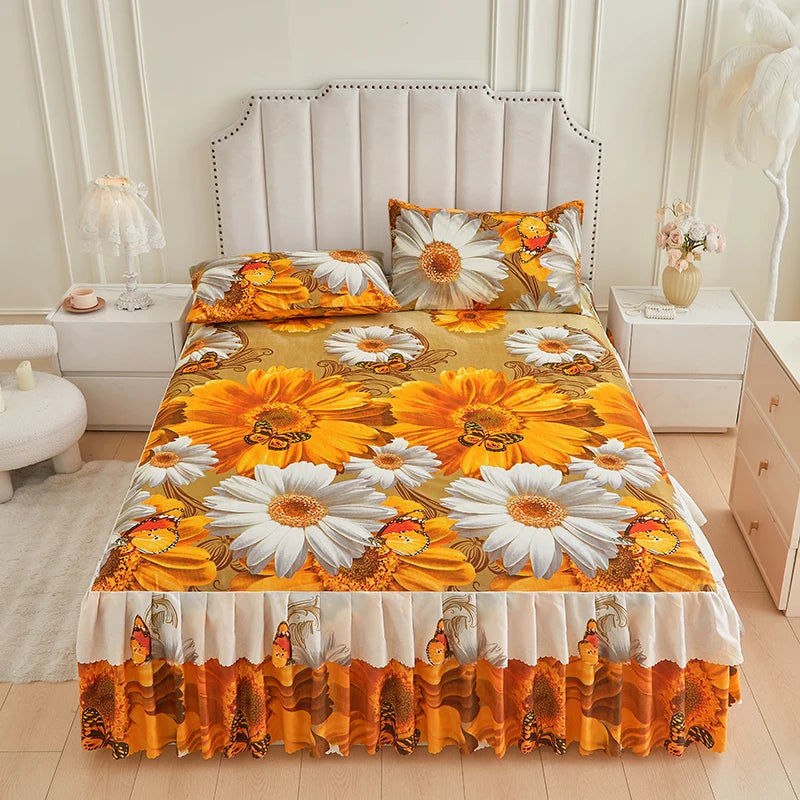 Floral Ruffle Bed Skirt Set - Soft Bedspread with Matching Pillowcases
