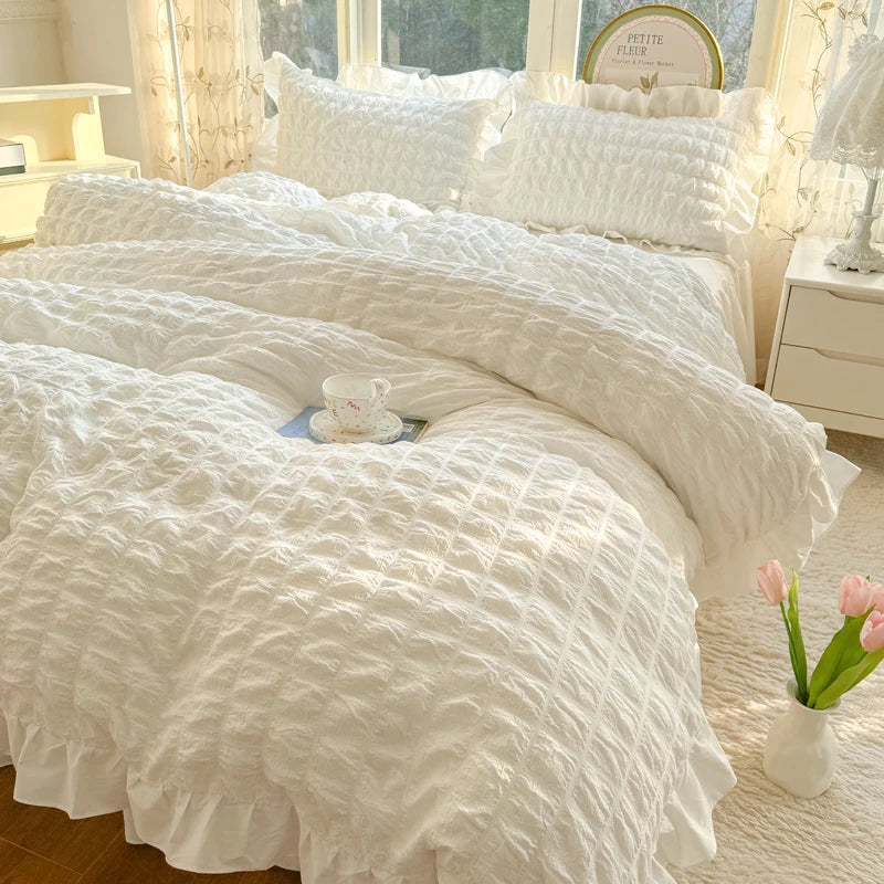 Elegant Lace Ruffle Seersucker Bedding Set - Soft Princess Style Duvet Cover
