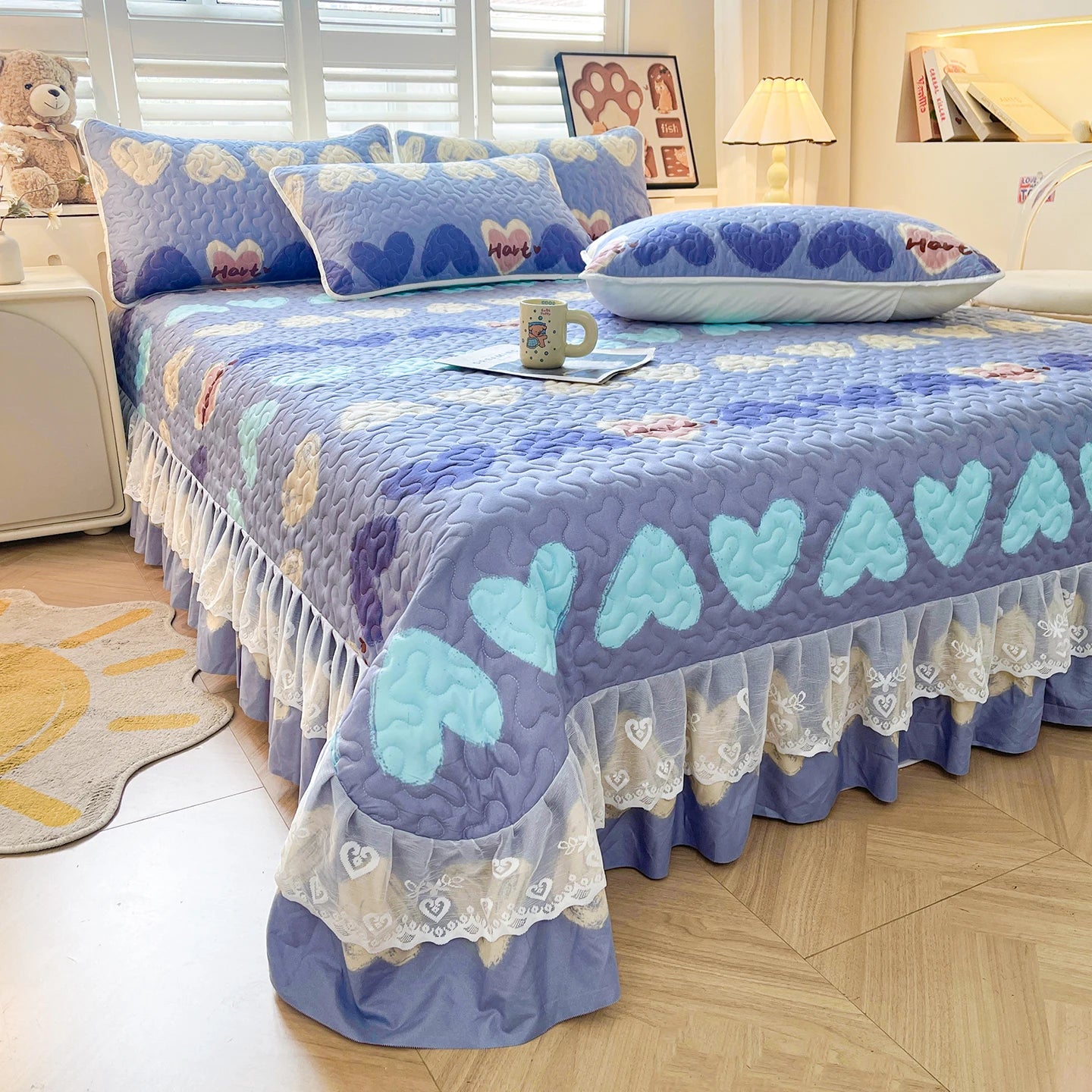 1pc Quilted Bedspread with Lace Ruffles Flower Printed Thickened Blanket Single/Queen/King Quilted Bed Cover Soft Bedspreads Bed