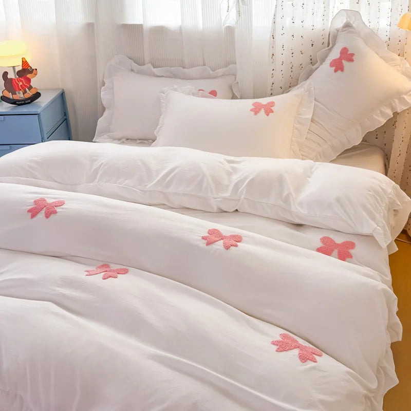 Pink Bowknot Embroidery Bedding Set - Premium Soft Twill Quilt Set