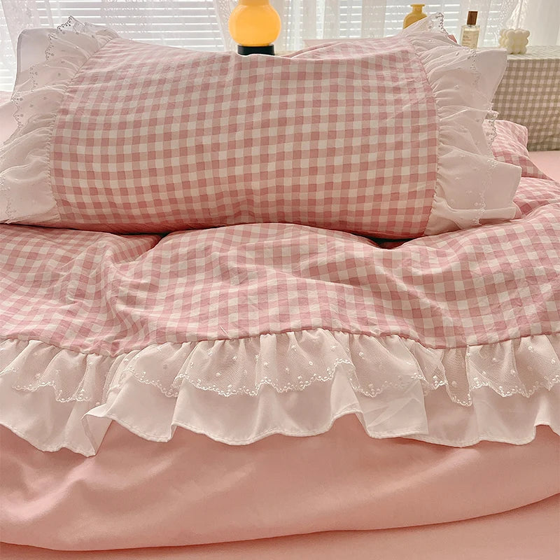 Pink Plaid Ruffle Bedding Set - Comfortable All-Season Duvet Cover