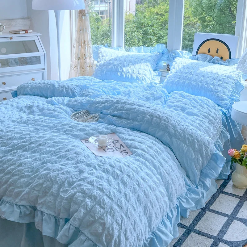 Elegant Lace Ruffle Seersucker Bedding Set - Soft Princess Style Duvet Cover