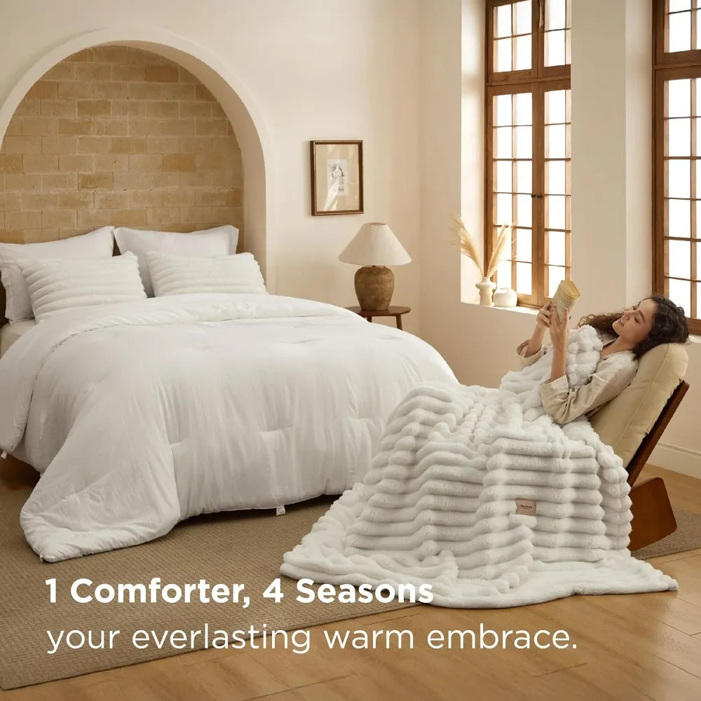 Gentlesoft 2-in-1 Queen Comforter Set and Detachable Fluffy Blanket, Cream White Bedding Set for All Season Use, SnapTec