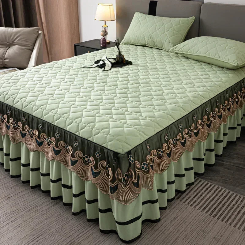 Gold Embroidered Lace Bed Skirt - Quilted Thick Anti-Slip Bedspread