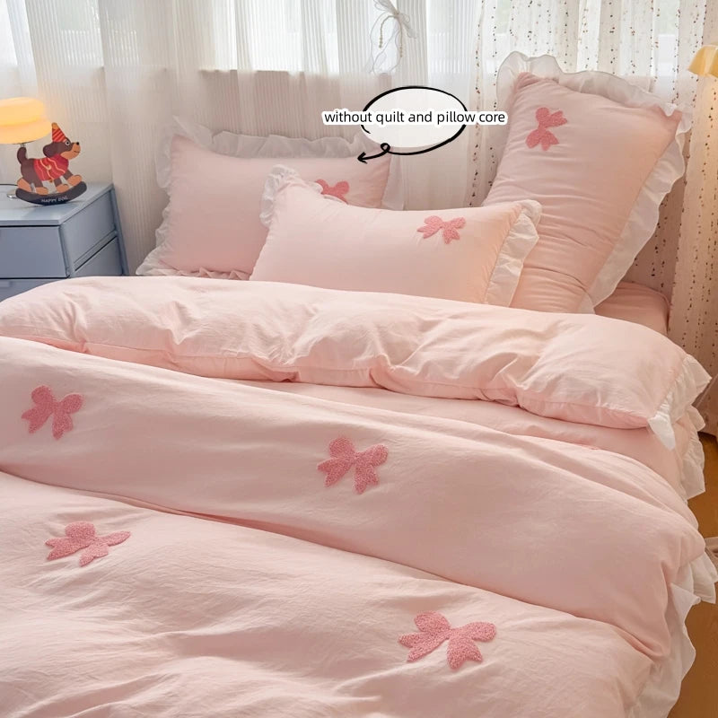 Pink Bowknot Embroidery Bedding Set - Premium Soft Twill Quilt Set